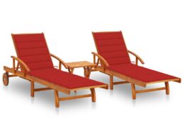 vidaXL Sun Loungers 2 pcs with Table and Cushions Solid Acacia Wood