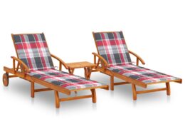 vidaXL Sun Loungers 2 pcs with Table and Cushions Solid Acacia Wood