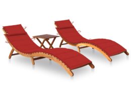 vidaXL Sun Loungers 2 pcs with Table and Cushions Solid Acacia Wood