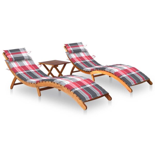 vidaXL Sun Loungers 2 pcs with Table and Cushions Solid Acacia Wood