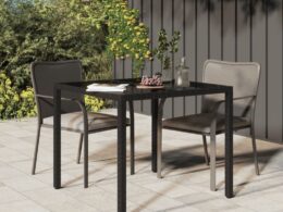 vidaXL Patio Table 35.4"x35.4"x29.5" Tempered Glass and Poly Rattan Black
