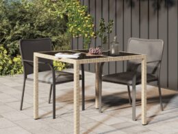 vidaXL Patio Table 35.4"x35.4"x29.5" Tempered Glass and Poly Rattan Beige