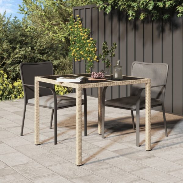 vidaXL Patio Table 35.4"x35.4"x29.5" Tempered Glass and Poly Rattan Beige