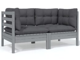 vidaXL 2-Seater Patio Sofa with Cushions Gray Solid Pinewood