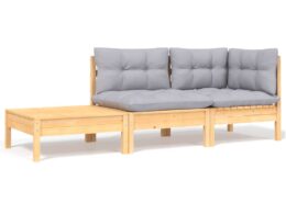 vidaXL 3 Piece Patio Lounge Set with Gray Cushions Solid Pinewood