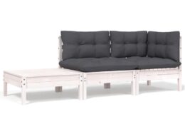 vidaXL 3 Piece Patio Lounge Set with Cushions White Solid Pinewood