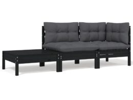 vidaXL 3 Piece Patio Lounge Set with Cushions Black Solid Pinewood