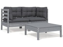 vidaXL 3 Piece Patio Lounge Set with Cushions Gray Solid Pinewood