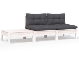 vidaXL 3 Piece Patio Lounge Set with Cushions White Solid Pinewood