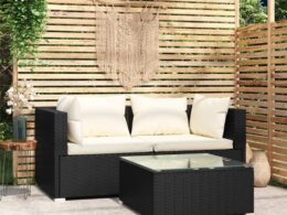 vidaXL Patio Furniture Set 3 Piece with Cushions Black Poly Rattan