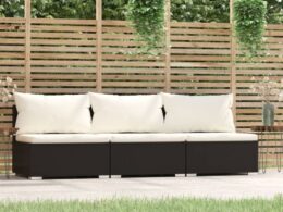 vidaXL 3 Seat Patio Sofa with Cushions Black Poly Rattan