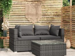 vidaXL Patio Furniture Set 3 Piece with Cushions Gray Poly Rattan