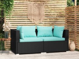 vidaXL Patio Loveseat with Cushions Black Poly Rattan