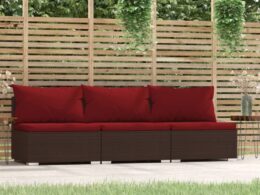 vidaXL 3 Seat Patio Sofa with Cushions Brown Poly Rattan