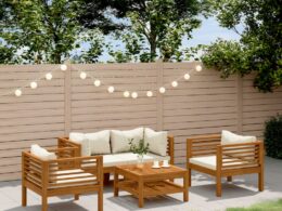 vidaXL 5 Piece Patio Lounge Set with Cream Cushion Solid Acacia Wood