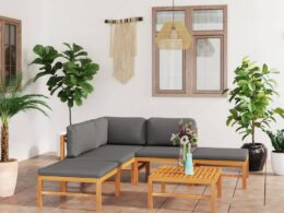 vidaXL 6 Piece Patio Lounge Set with Gray Cushions Solid Teak Wood
