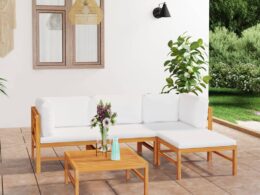vidaXL 5 Piece Patio Lounge Set with Cream Cushions Solid Teak Wood