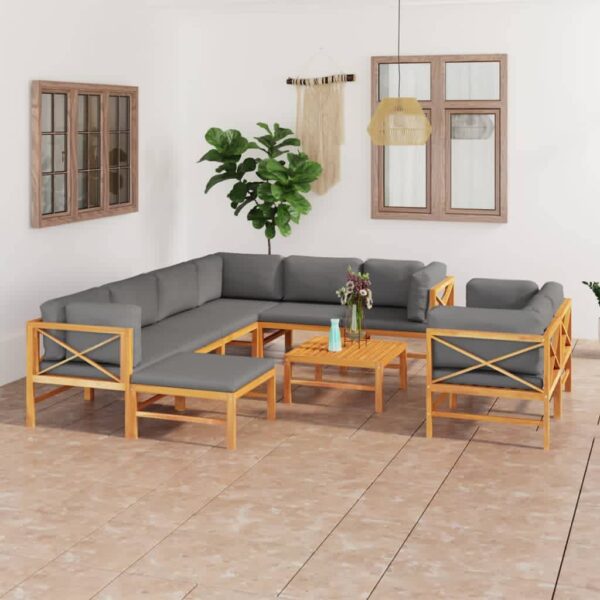 vidaXL 10 Piece Patio Lounge Set with Gray Cushions Solid Teak Wood