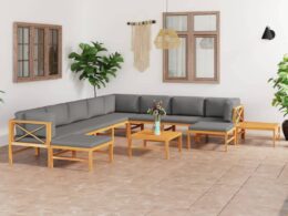vidaXL 12 Piece Patio Lounge Set with Gray Cushions Solid Teak Wood