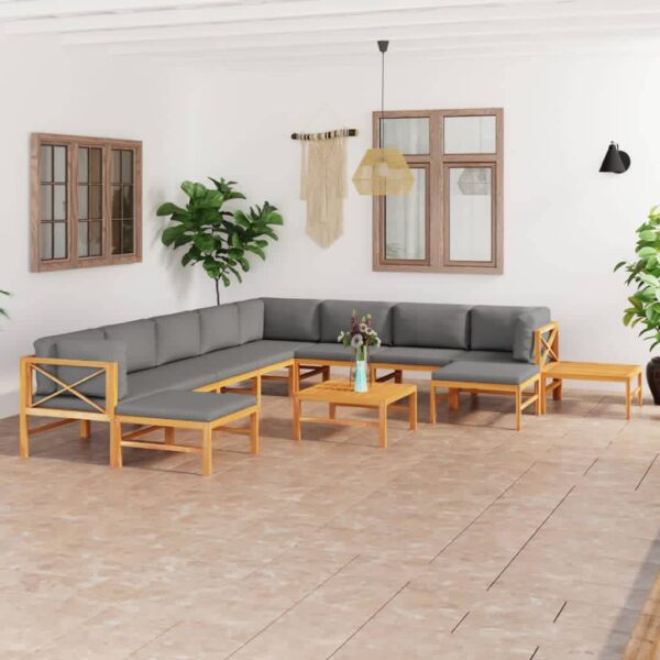 vidaXL 12 Piece Patio Lounge Set with Gray Cushions Solid Teak Wood