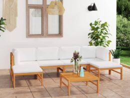 vidaXL 7 Piece Patio Lounge Set with Cream Cushions Solid Teak Wood
