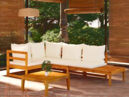 vidaXL 4 Piece Patio Lounge Set with Cream White Cushions Acacia Wood