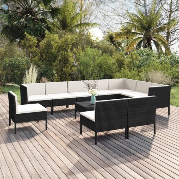 vidaXL 11 Piece Patio Lounge Set with Cushions Poly Rattan Black