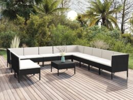 vidaXL 12 Piece Patio Lounge Set with Cushions Poly Rattan Black