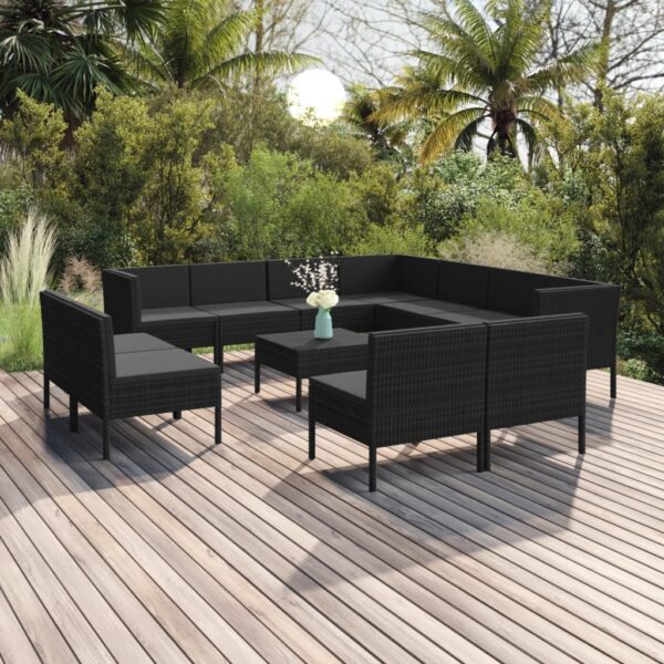 vidaXL 12 Piece Patio Lounge Set with Cushions Poly Rattan Black