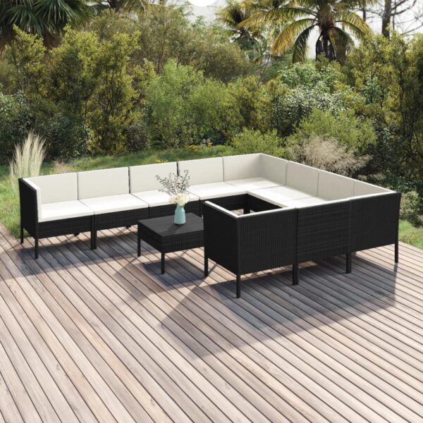 vidaXL 11 Piece Patio Lounge Set with Cushions Poly Rattan Black