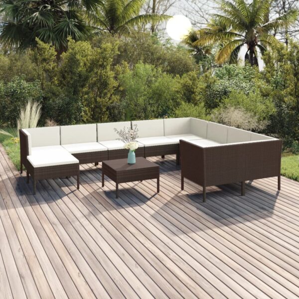 vidaXL 11 Piece Patio Lounge Set with Cushions Poly Rattan Brown