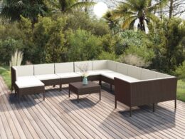 vidaXL 12 Piece Patio Lounge Set with Cushions Poly Rattan Brown