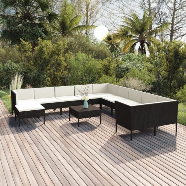 vidaXL 12 Piece Patio Lounge Set with Cushions Poly Rattan Black