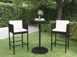 vidaXL 3 Piece Patio Bar Set with Cushions Poly Rattan Black