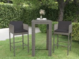 vidaXL 3 Piece Patio Bar Set with Cushions Poly Rattan Gray