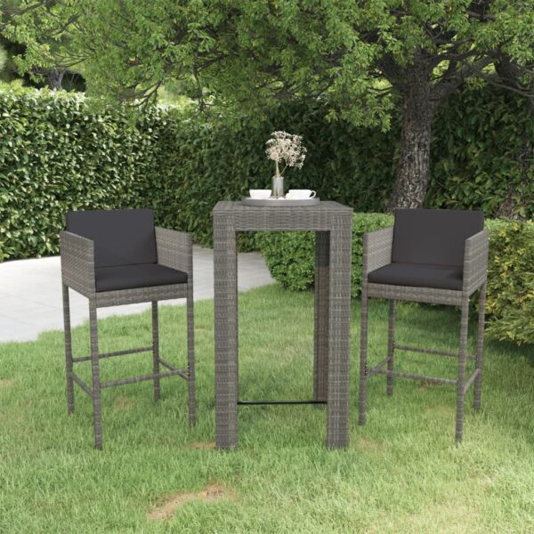 vidaXL 3 Piece Patio Bar Set with Cushions Poly Rattan Gray