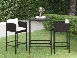vidaXL 3 Piece Patio Bar Set with Cushions Poly Rattan Black