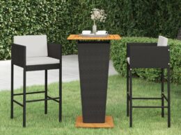 vidaXL 3 Piece Patio Bar Set with Cushions Poly Rattan Black