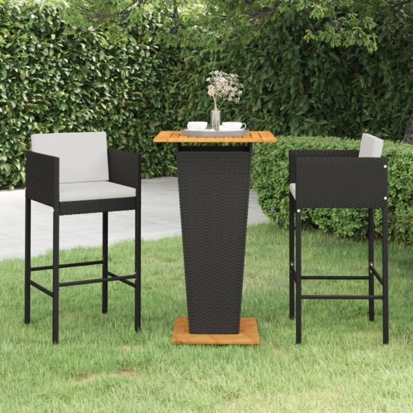 vidaXL 3 Piece Patio Bar Set with Cushions Poly Rattan Black