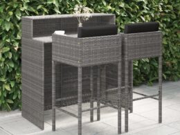vidaXL 3 Piece Patio Bar Set with Cushions Poly Rattan Gray