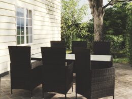 vidaXL 7 Piece Patio Dining Set with Cushions Poly Rattan Black