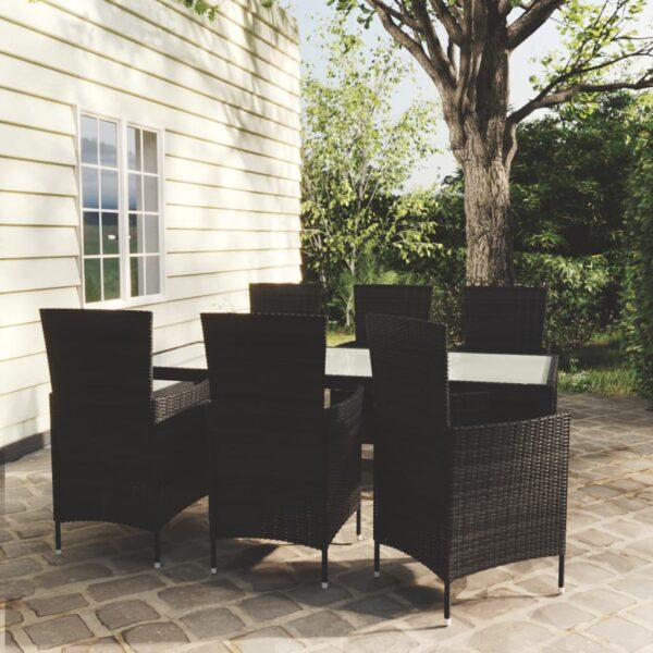 vidaXL 7 Piece Patio Dining Set with Cushions Poly Rattan Black