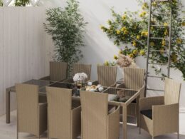 vidaXL 11 Piece Outdoor Dining Set with Cushions Poly Rattan Beige