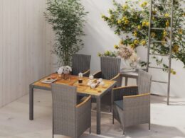 vidaXL 5 Piece Patio Dining Set with Cushions Poly Rattan Gray