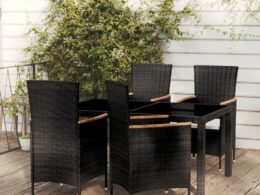 vidaXL 5 Piece Patio Dining Set with Cushions Poly Rattan Black