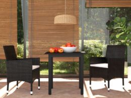 vidaXL 3 Piece Patio Dining Set with Cushions Poly Rattan Black