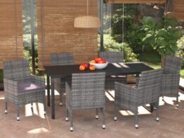 vidaXL 7 Piece Patio Dining Set with Cushions Poly Rattan Gray