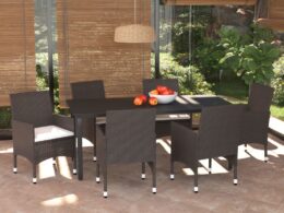 vidaXL 7 Piece Patio Dining Set with Cushions Poly Rattan Brown