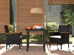 vidaXL 3 Piece Patio Dining Set with Cushions Poly Rattan Black