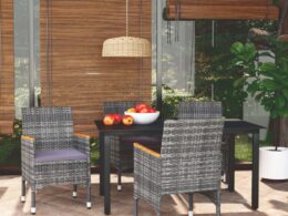 vidaXL 5 Piece Patio Dining Set with Cushions Poly Rattan Gray